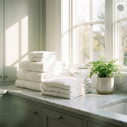 Stralend witte handdoeken en shirts in een lichte wasruimte - Cosmeau