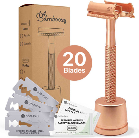 Safety Razor Butterfly Rose Gold with Stand · 20x Platinum Blades