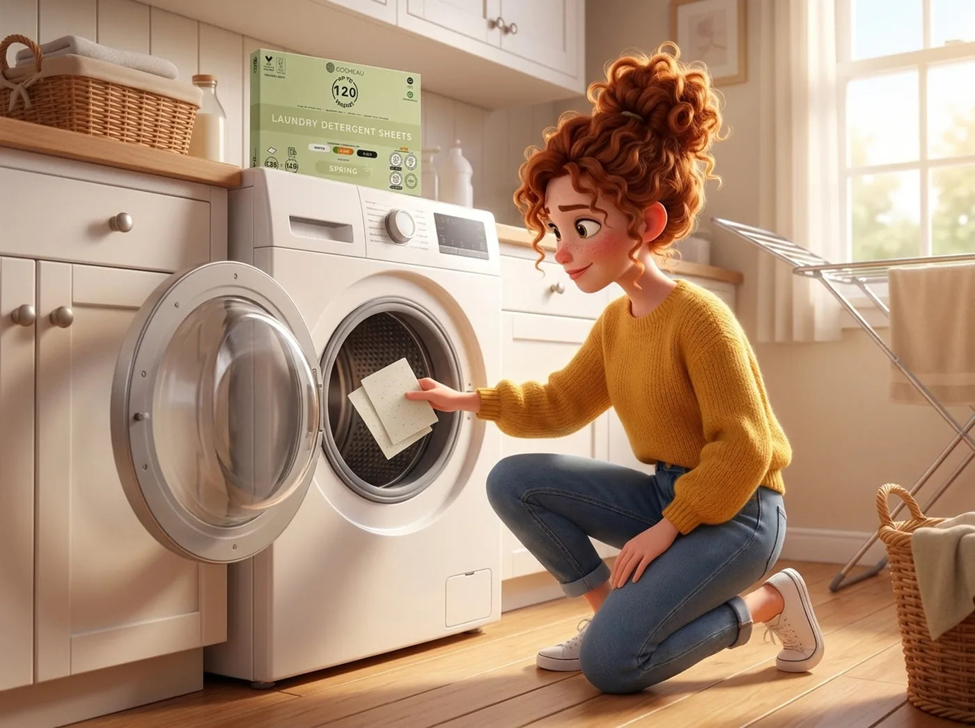 Wasstrips achter in de wastrommel leggen