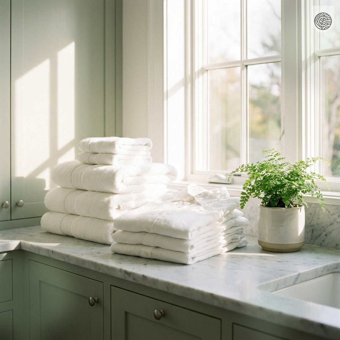 Stralend witte handdoeken en shirts in een lichte wasruimte - Cosmeau