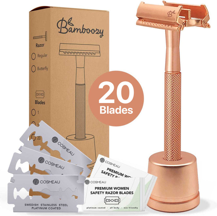 Bamboozy Safety Razor Butterfly Rose Gold with Stand · 20x Platinum Blades