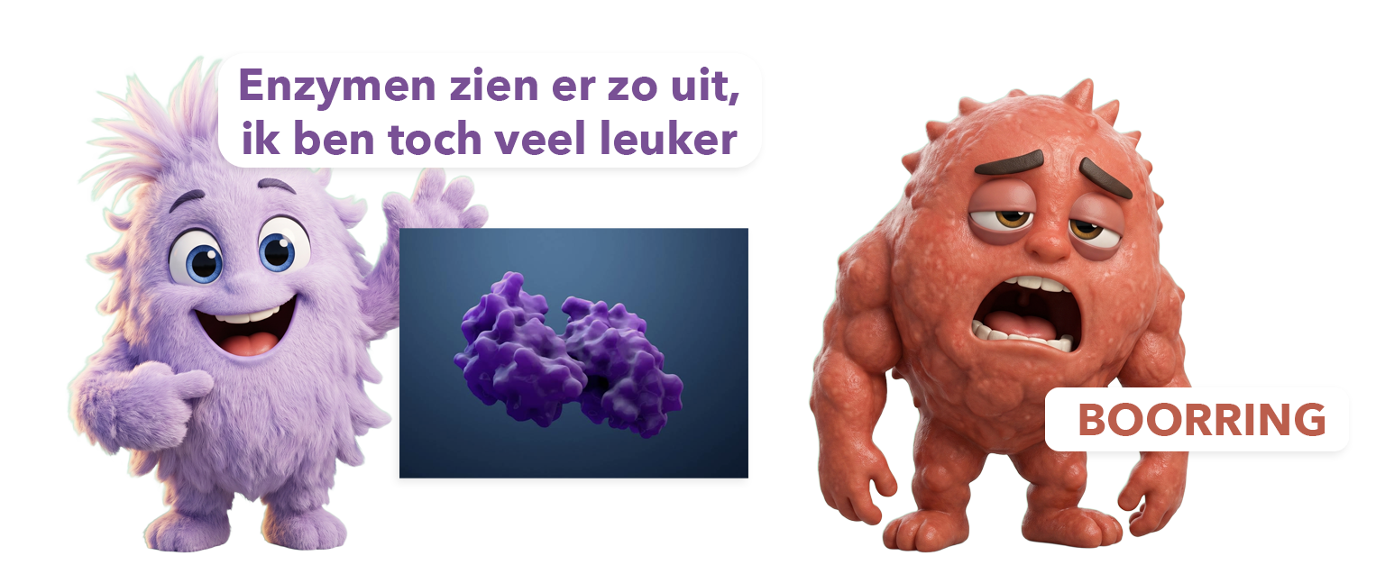 Cellulase wijst naar een echt enzymmolecuul. Protease vindt het saai.